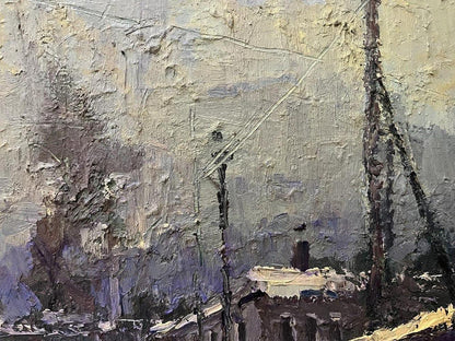Textured oil painting of winter city by Volodymyr Pashchenko