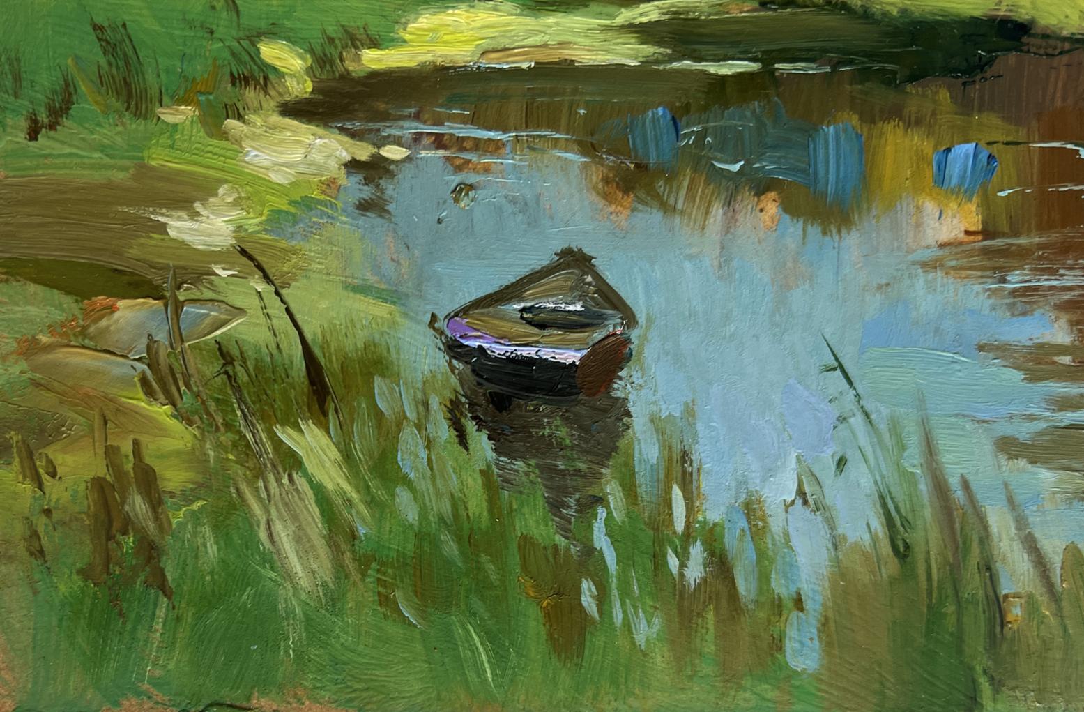 Oil painting Summer in green banks by Yuriy Suprunchuk: rowboat in reeds