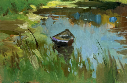 Oil painting Summer in green banks by Yuriy Suprunchuk: rowboat in reeds