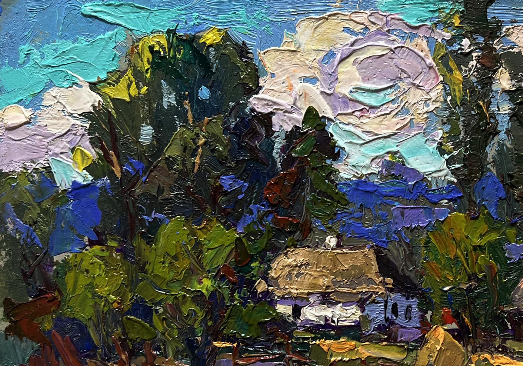 Oil painting Light summer breeze by Oksana Ivanyuk cottage in foliage
