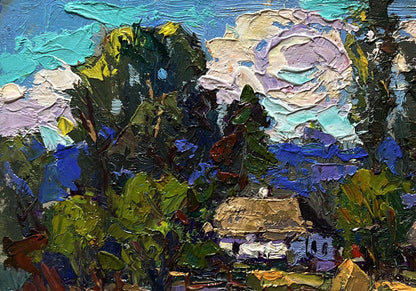 Oil painting Light summer breeze by Oksana Ivanyuk cottage in foliage