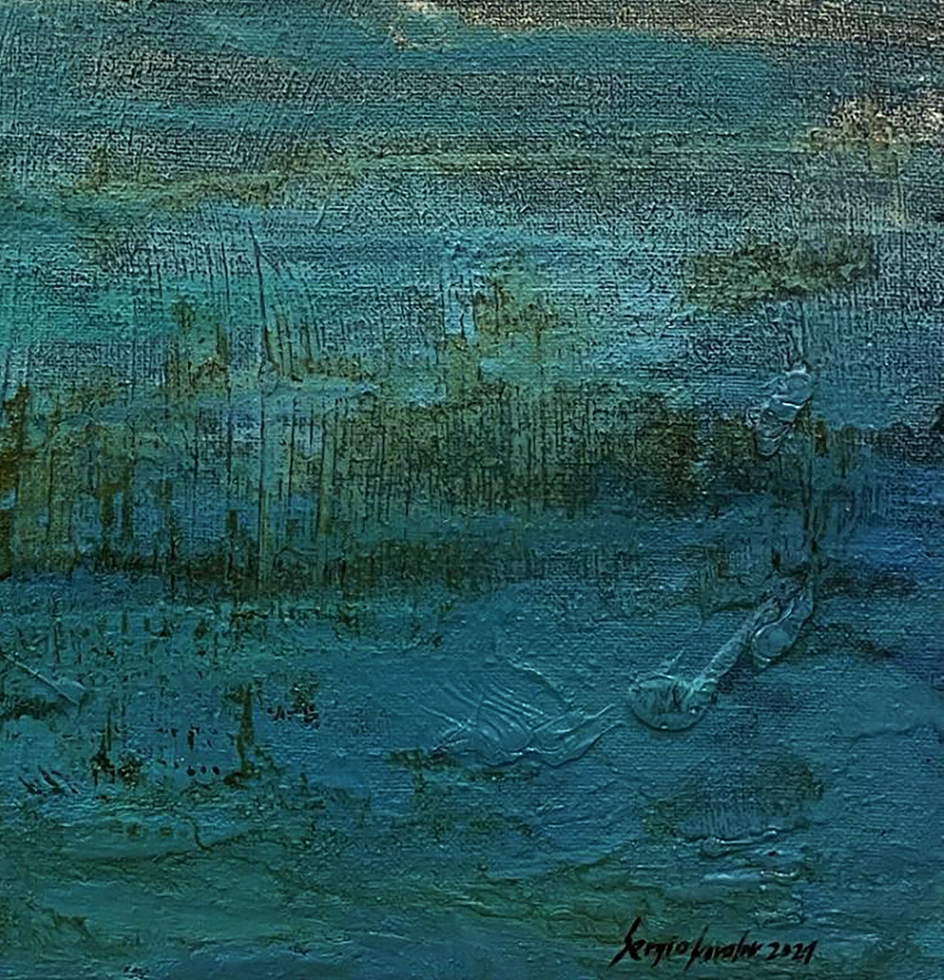 Oil painting Eternal by Serhiy Kovalev in teal blue-green earth tones