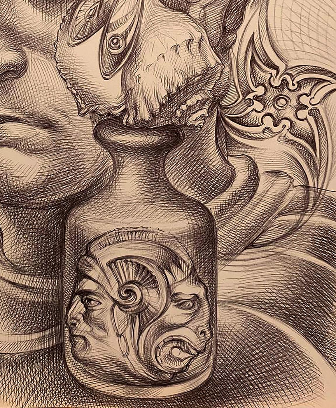 Detailed pencil sketch of Thoughtful look Natalia Bulat glass bottle