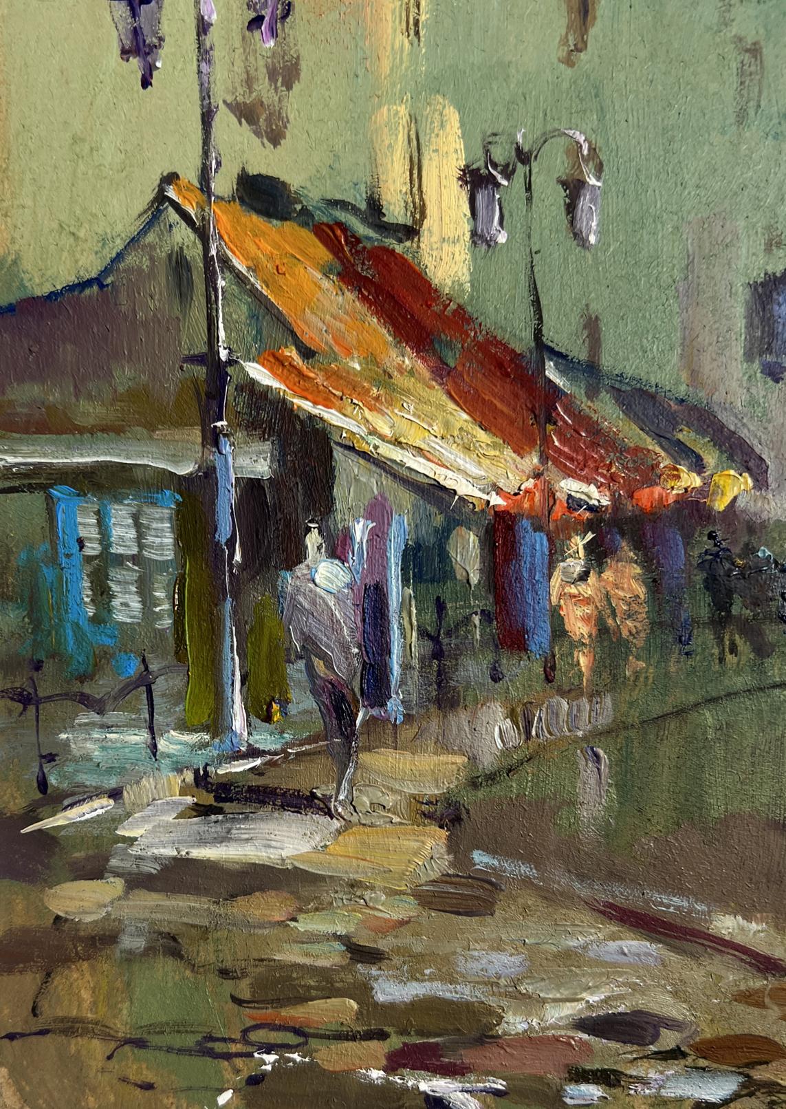 Vibrant orange red awnings over Shadows of Old Venice oil painting by Yuriy Suprunchuk
