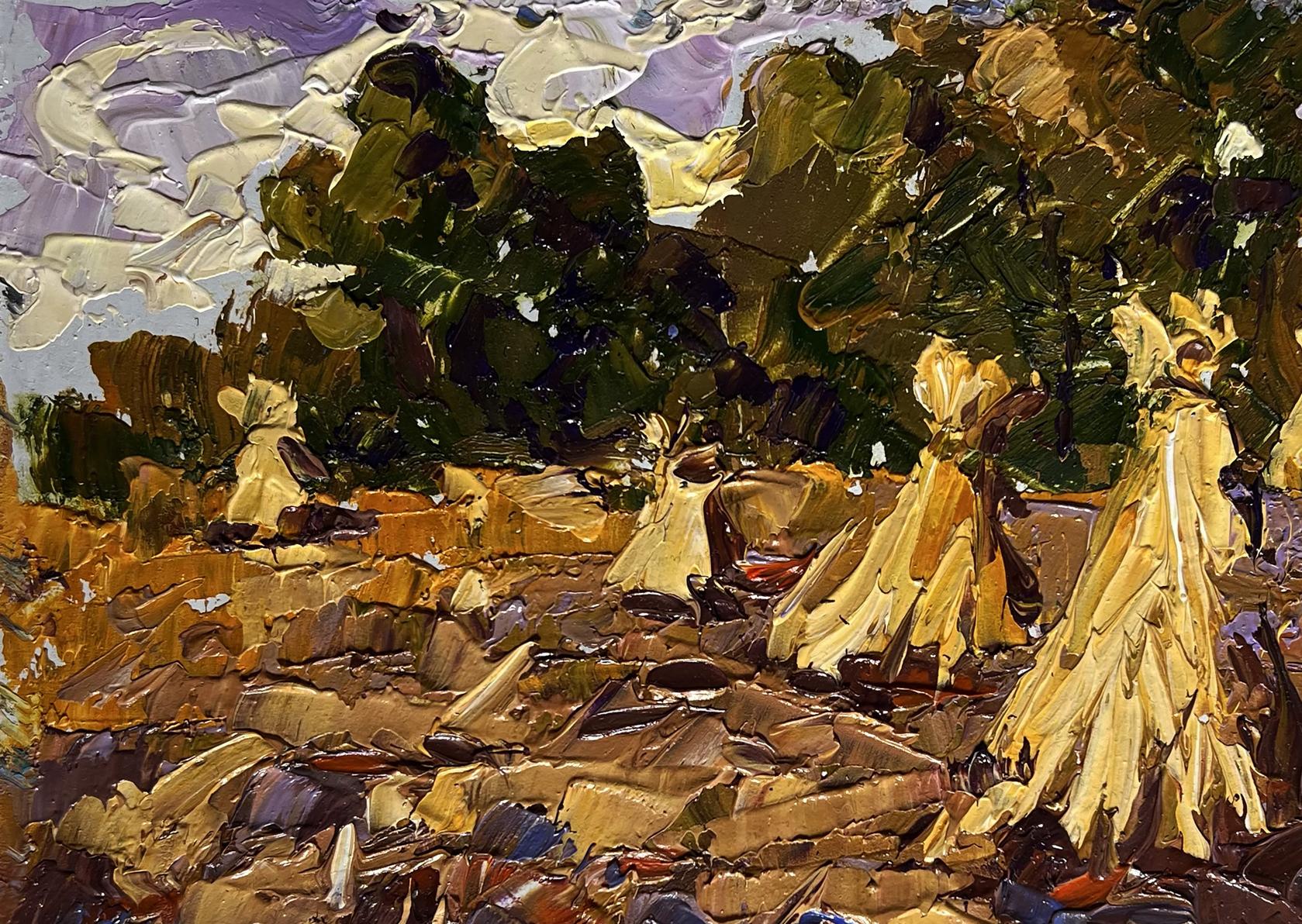 Impressionistic oil painting of haystacks in fields by Oleksiy Ivanyuk