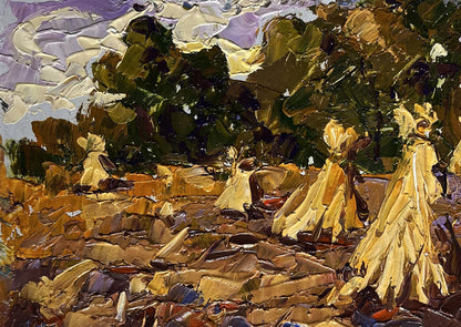 Impressionistic oil painting of haystacks in fields by Oleksiy Ivanyuk