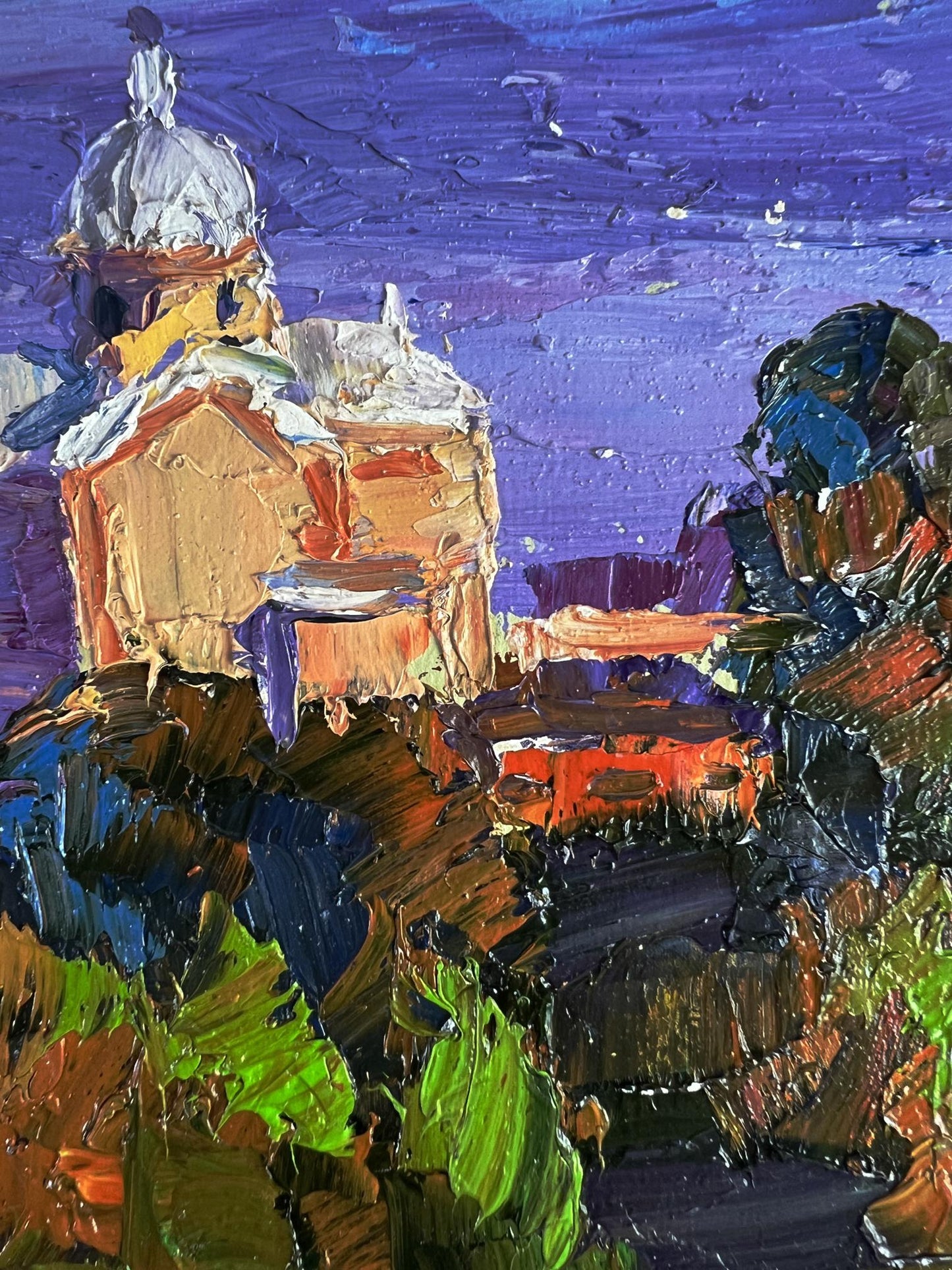 Oil painting The Distant Temple by Boris Serdyuk, impressionistic domed building