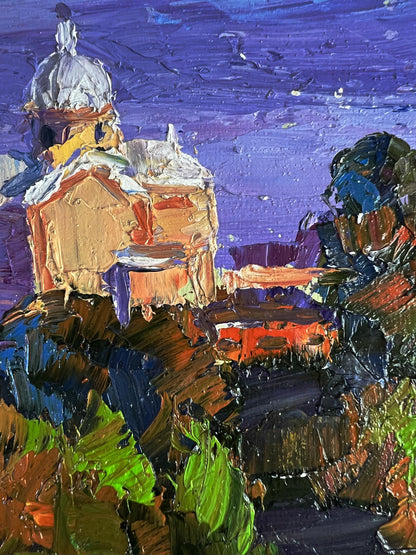 Oil painting The Distant Temple by Boris Serdyuk, impressionistic domed building