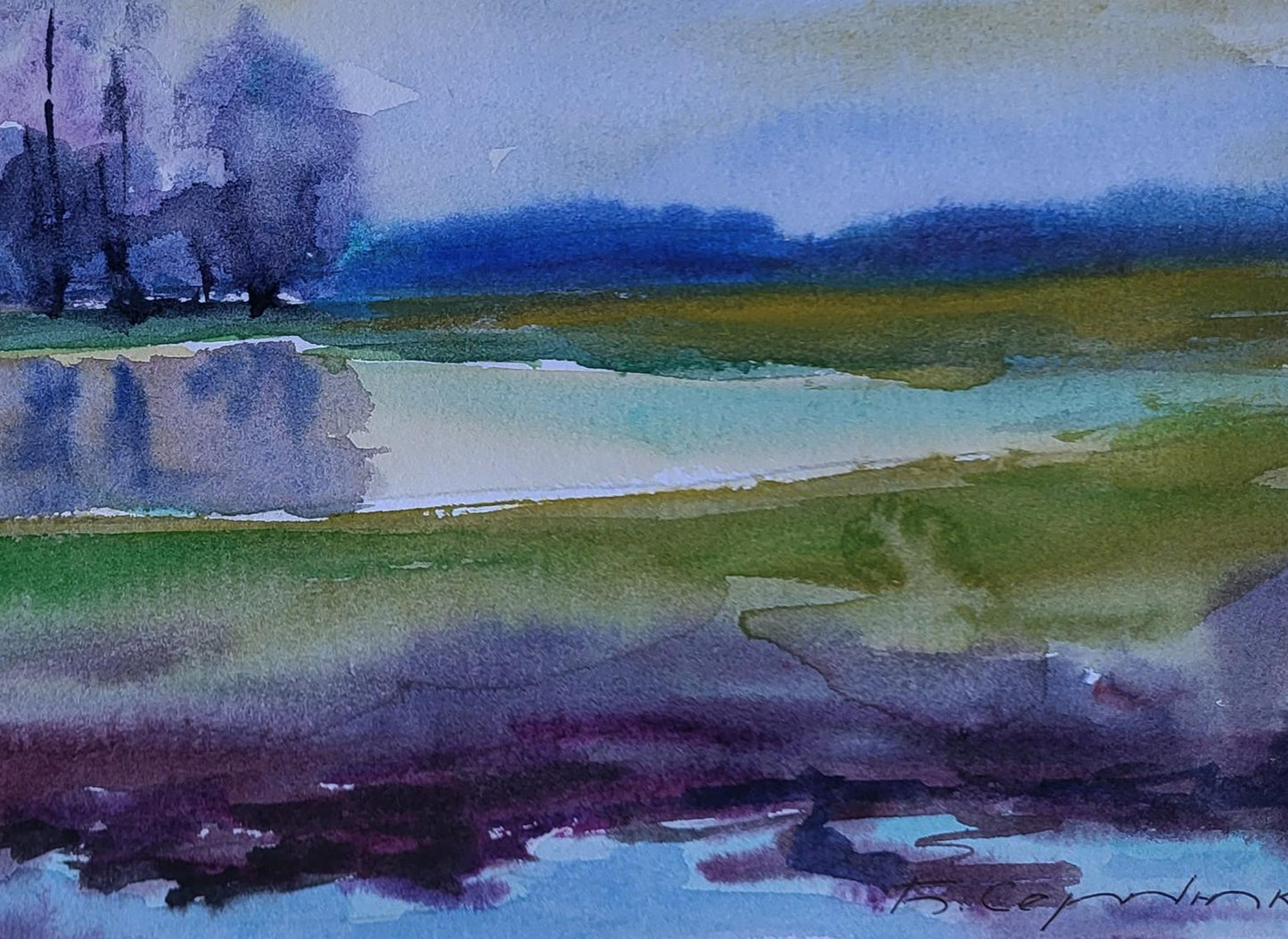 Watercolor painting of lake in woods by Boris Serdyuk, soft blues and greens