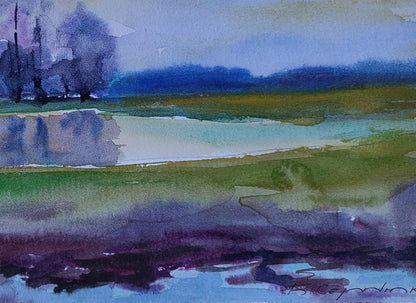Watercolor painting of lake in woods by Boris Serdyuk, soft blues and greens