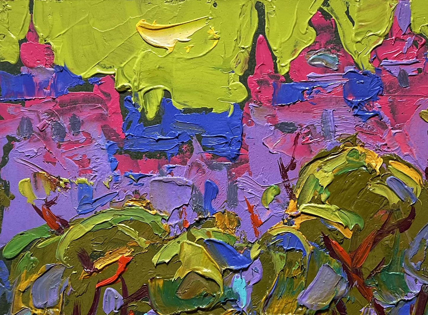 Vibrant Twilight of city life oil painting by Oleksiy Ivanyuk in lime green, magenta, cobalt blue