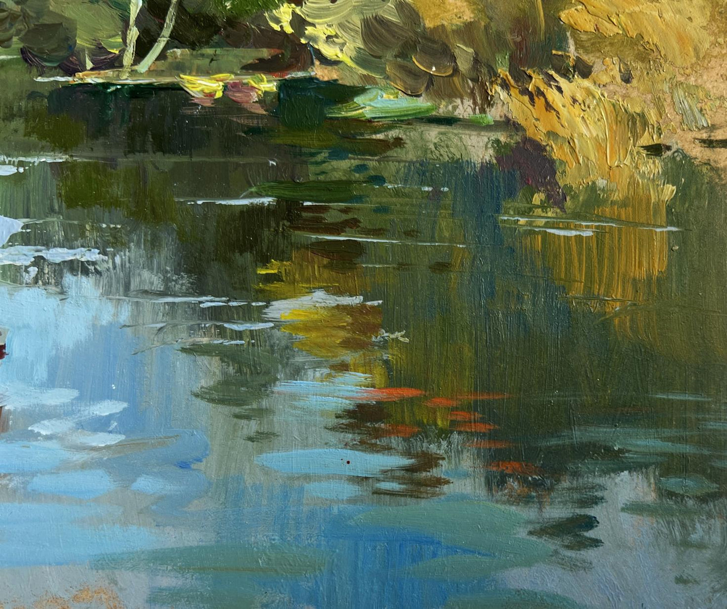 Oil painting of boat in green pond reflections by Yuriy Suprunchuk