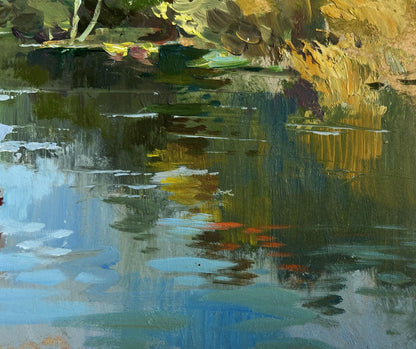 Oil painting of boat in green pond reflections by Yuriy Suprunchuk