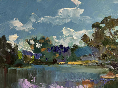 Impressionistic oil painting of river with boats by Yuriy Suprunchuk