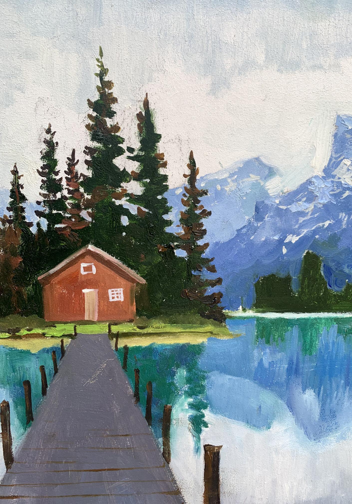Oil painting by Tatyana Derdey: rustic red cabin by serene lake amid evergreens