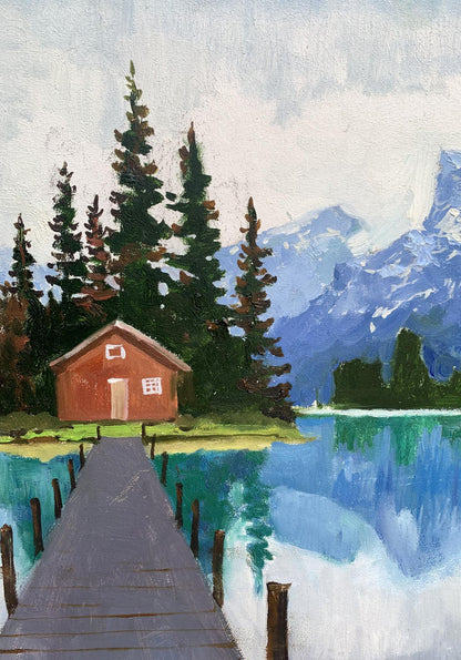 Oil painting by Tatyana Derdey: rustic red cabin by serene lake amid evergreens