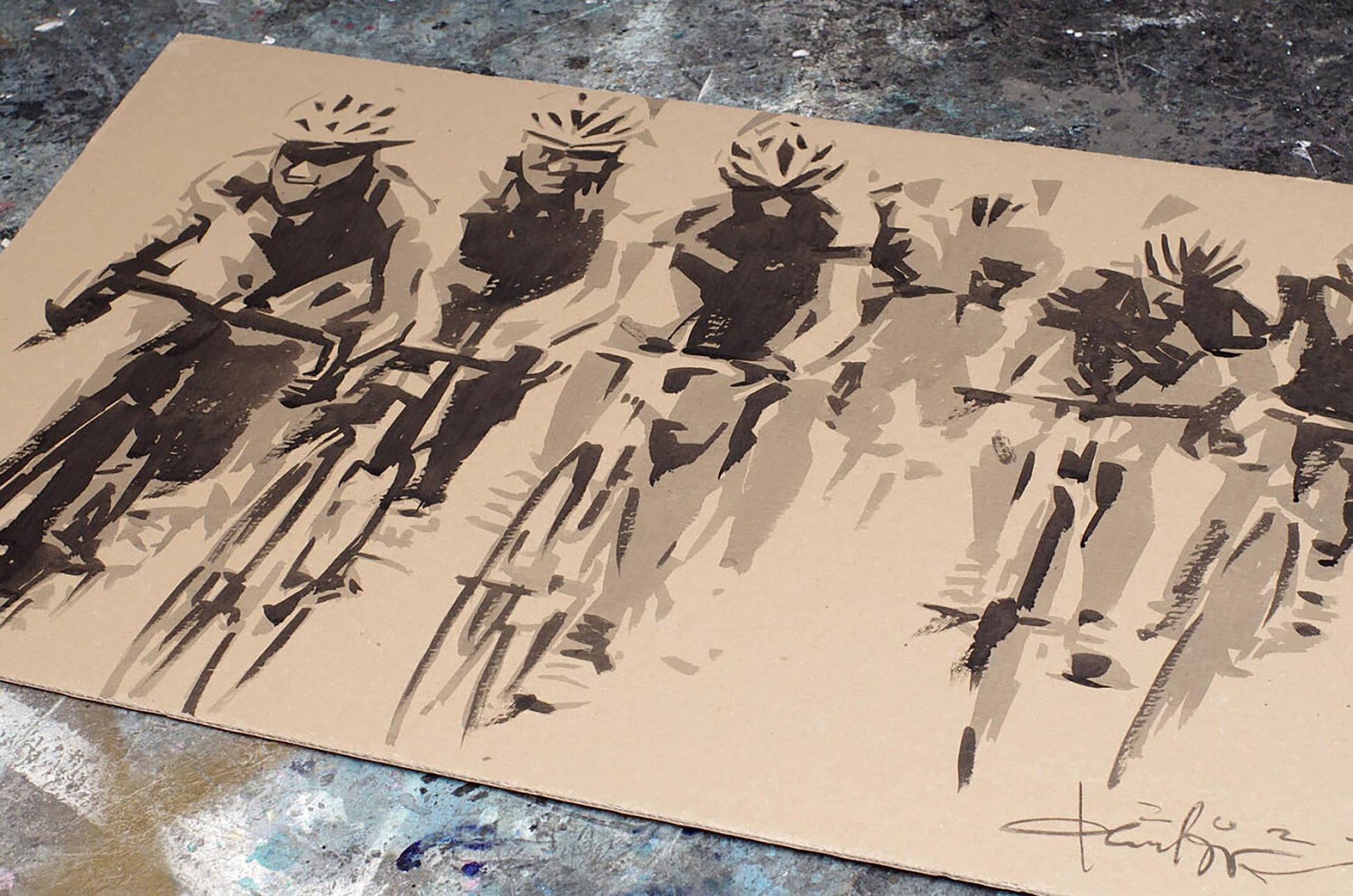 Stylized watercolor cyclists in motion by Dima Filatov on textured paper