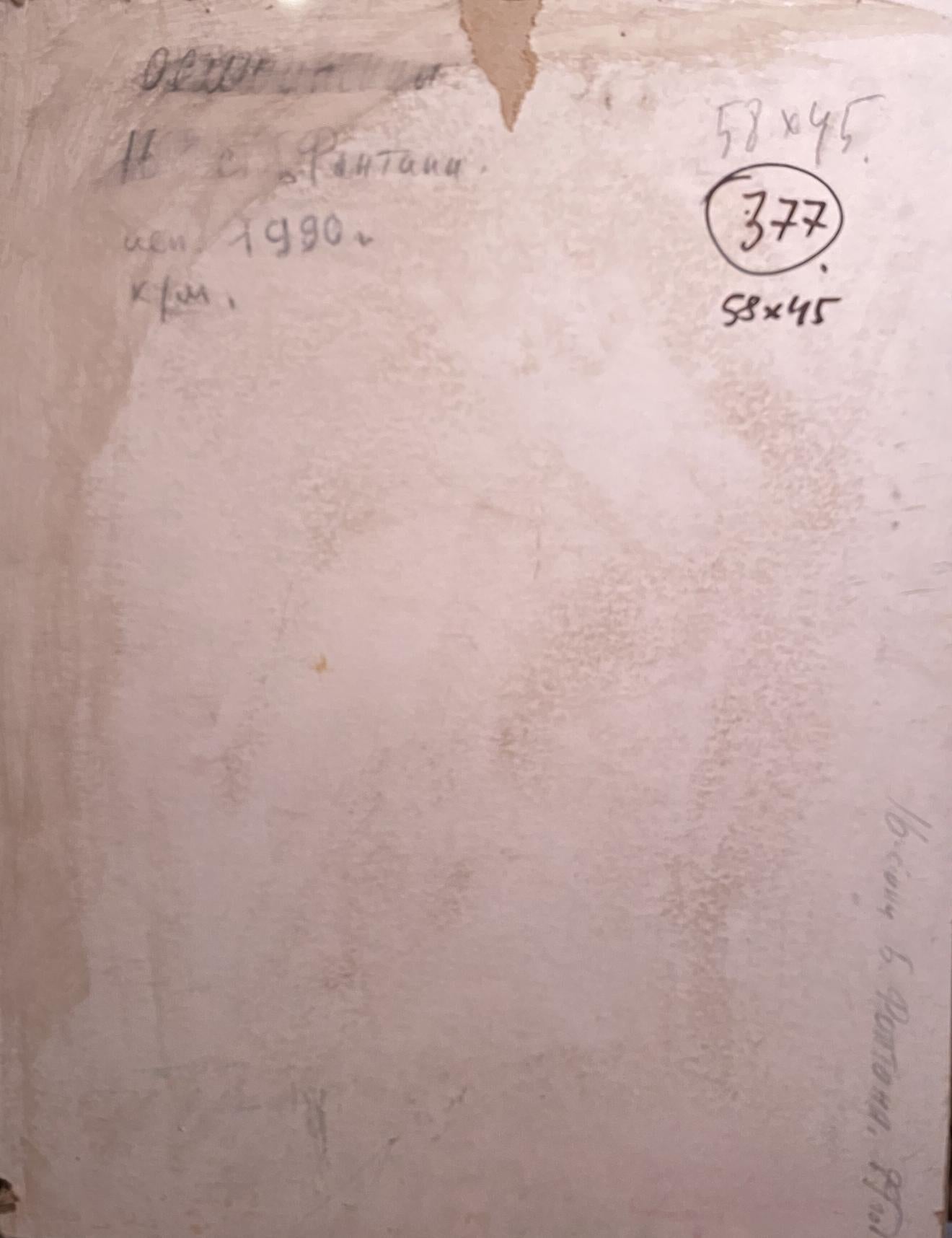 Back of oil painting with sea views: weathered paper, handwritten notes, circled 377