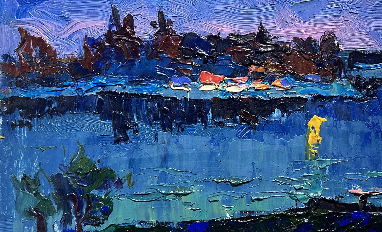 Oil painting Moon over the river by Oksana Ivanyuk with serene blue lake
