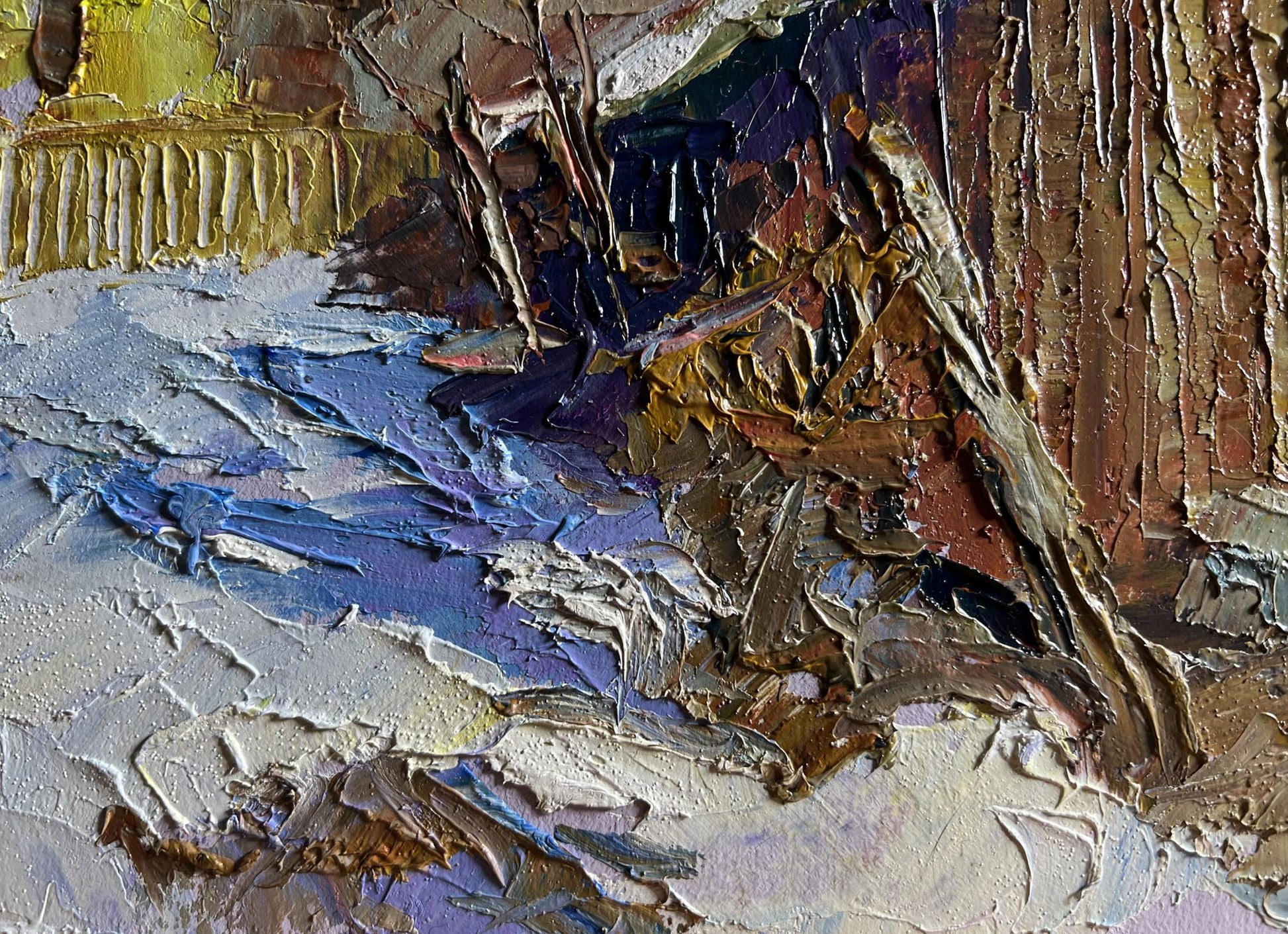 Impasto oil painting It snowed in the city by Boris Serdyuk, blue snowy scene
