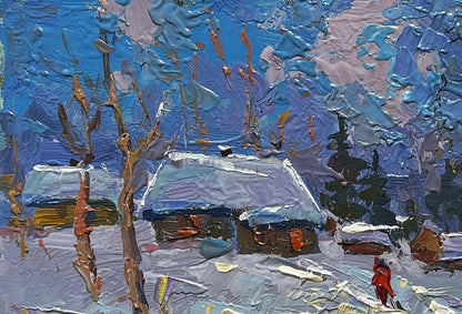 Textured impressionist snowy village oil painting by Oksana Ivanyuk