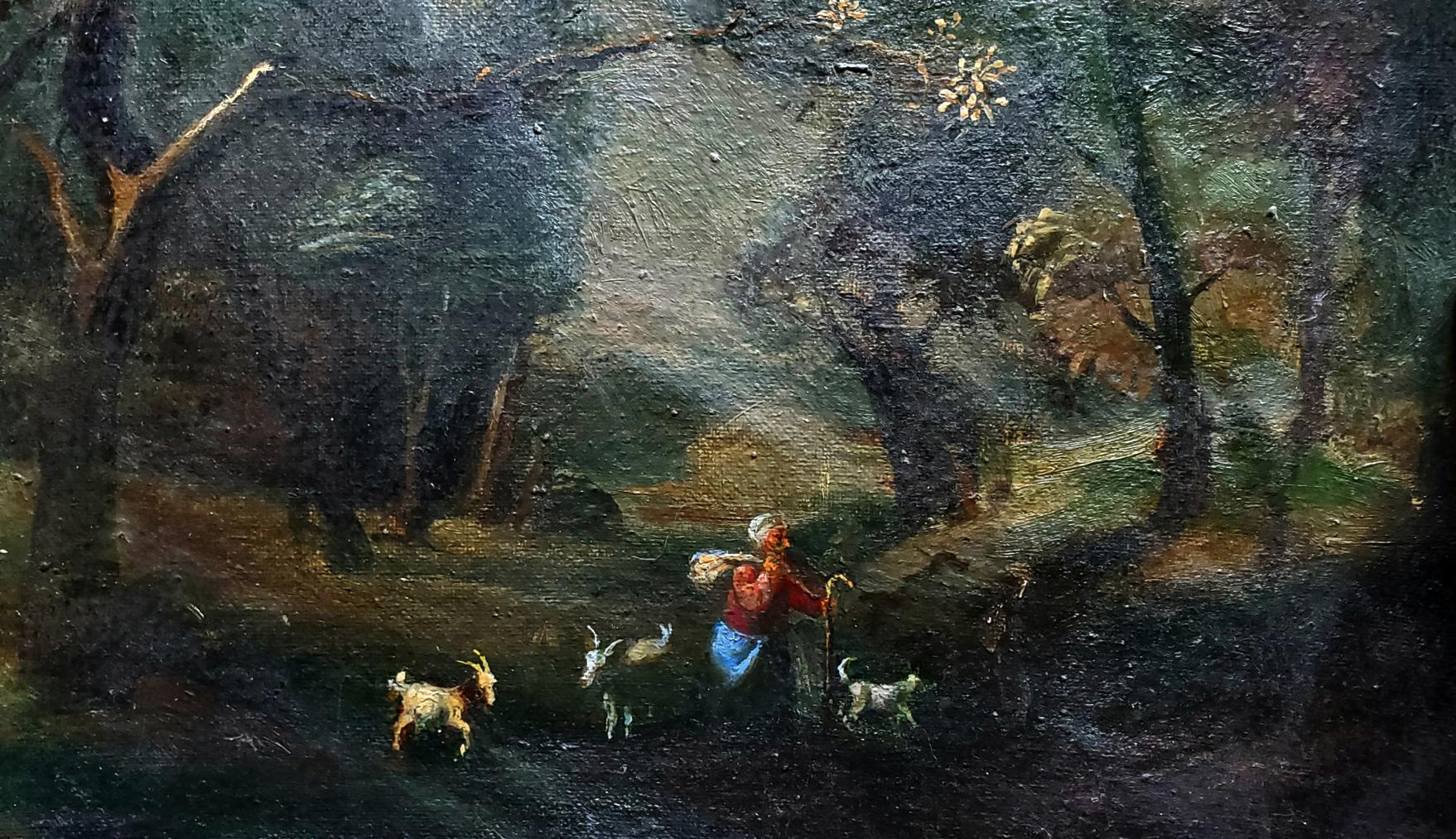 Rustic oil painting by Daniil Litvinov: figure herding white goats in dark woods