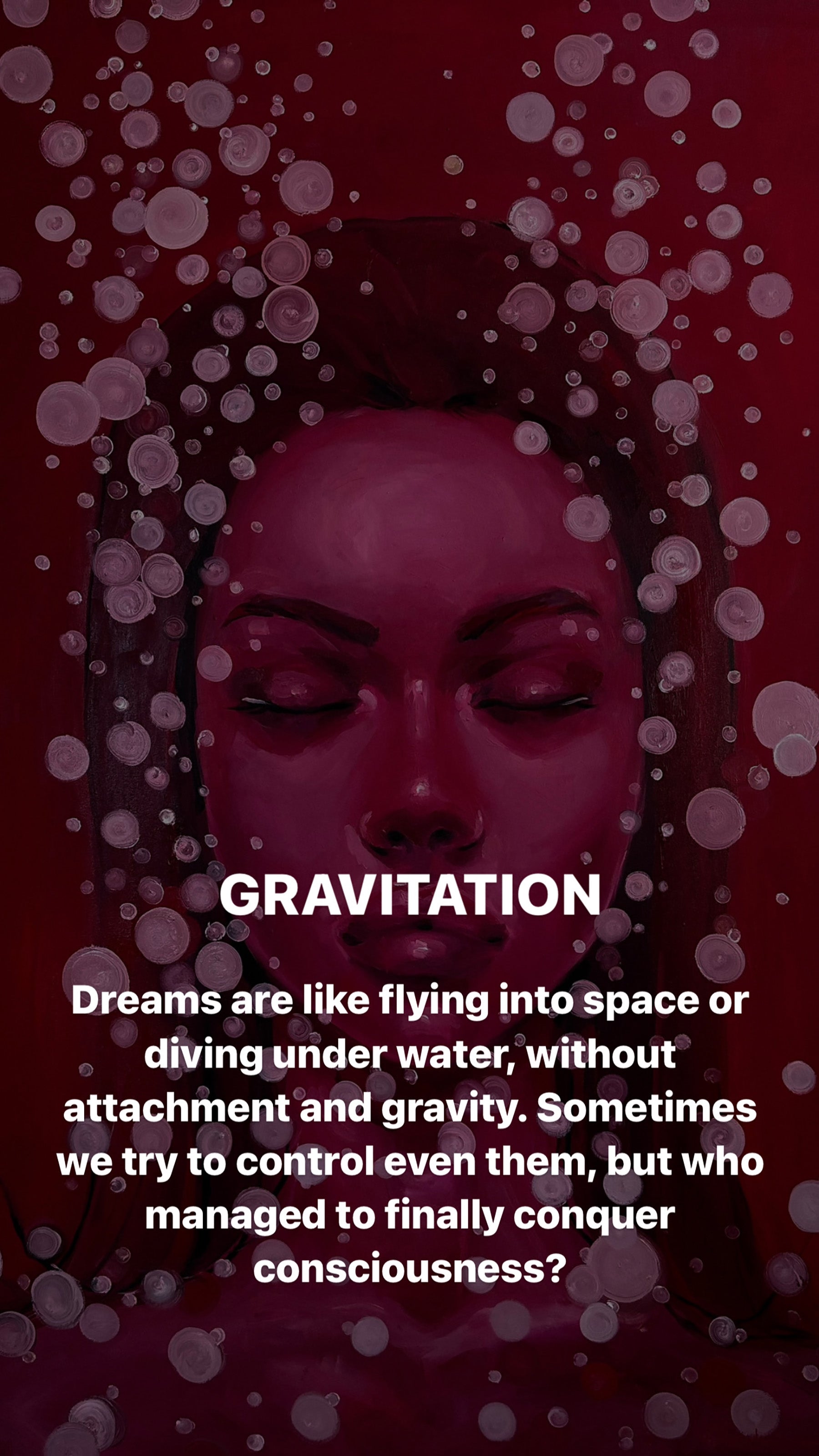 Oil painting Gravitation by Victoria Kagalovska: womans closed eyes in bubbles on red background