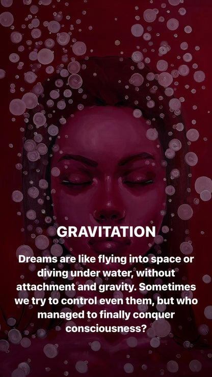 Oil painting Gravitation by Victoria Kagalovska: womans closed eyes in bubbles on red background