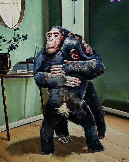 Oil painting of two embracing chimpanzees by Igor Konovalov