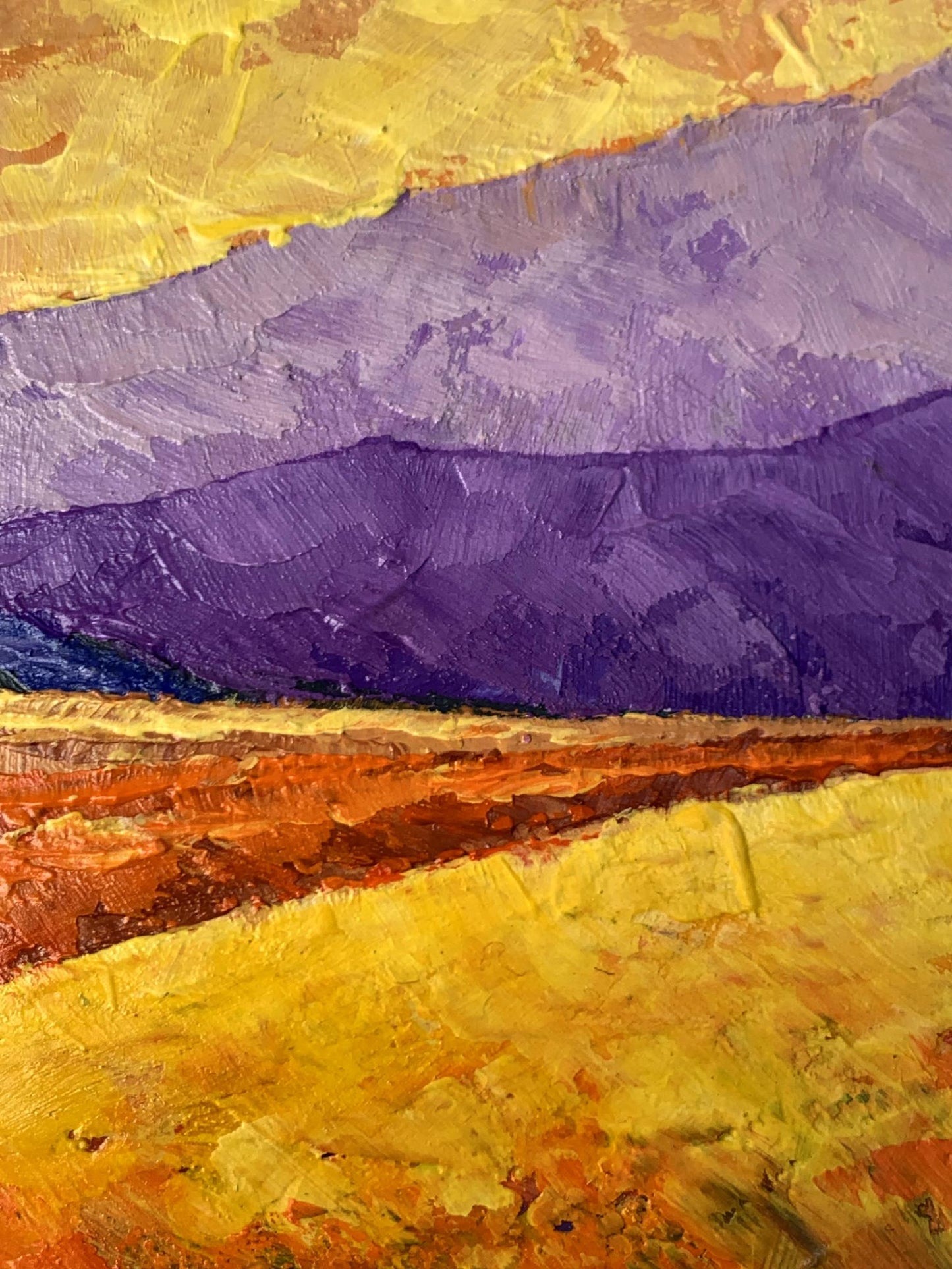 Oil painting Sun over the mountains V. Zadorozhnya purple textured landscape