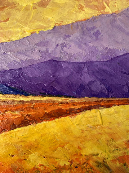 Oil painting Sun over the mountains V. Zadorozhnya purple textured landscape