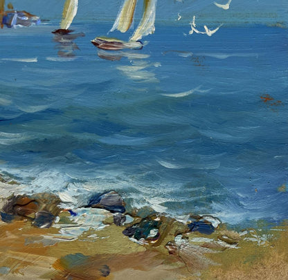 Textured oil painting by Yuriy Suprunchuk of sailboats preparing for sea voyage on coastal shore