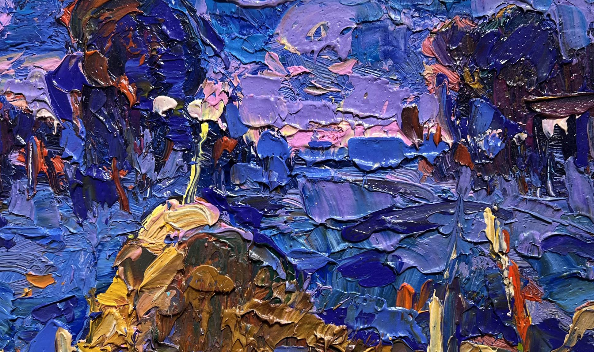 Oil painting Dusk fell on the field by Oleksiy Ivanyuk in deep blues and purples
