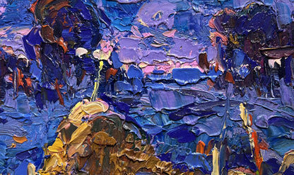 Oil painting Dusk fell on the field by Oleksiy Ivanyuk in deep blues and purples
