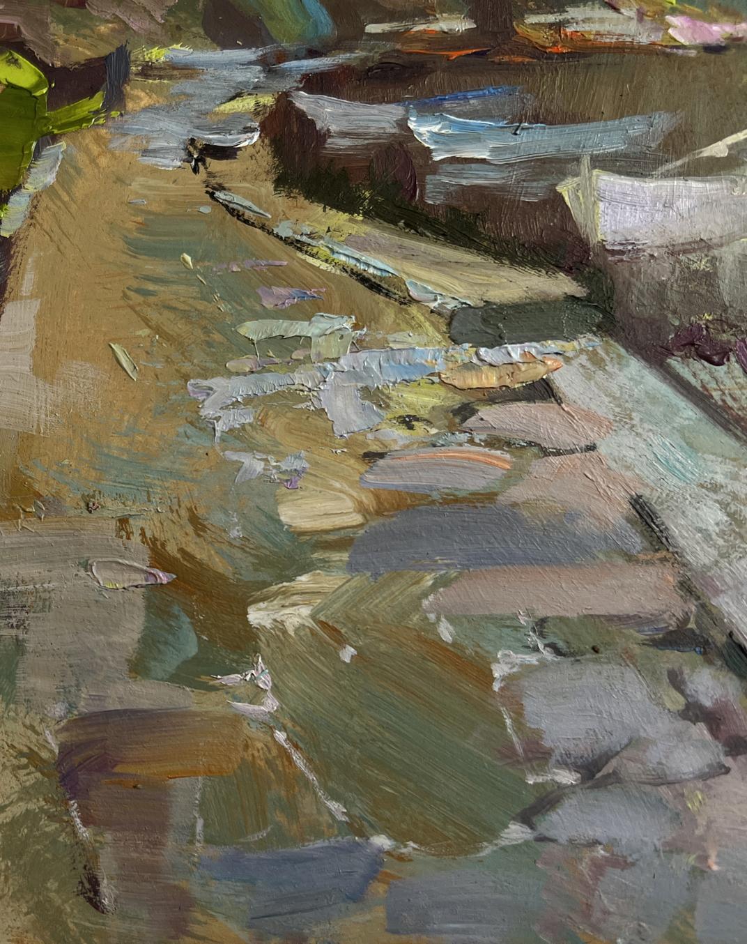 Textured impressionistic oil painting of city boat ferry rocky streambed by Yuriy Suprunchuk