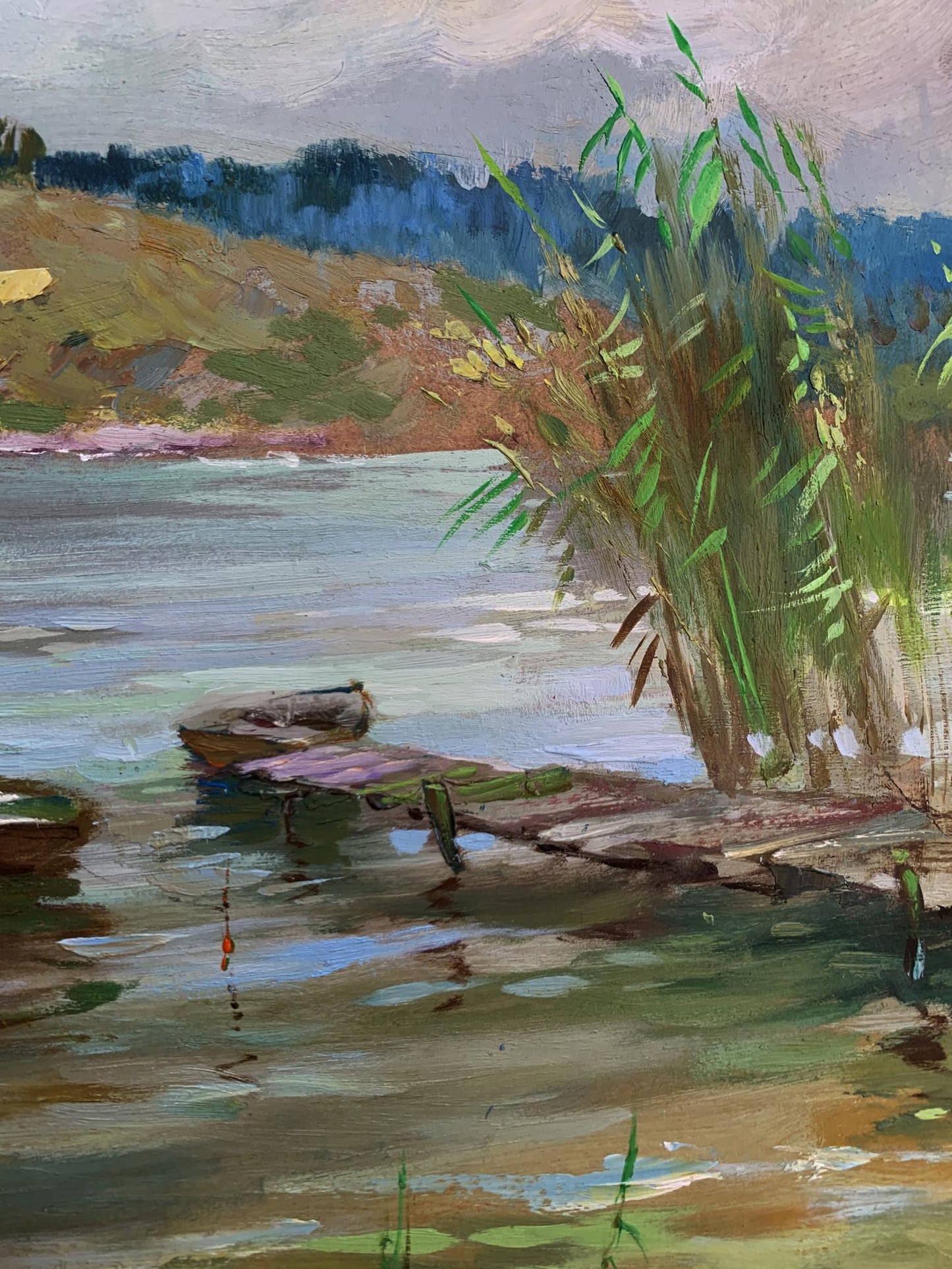 Weathered dock in calm water by reeds, oil painting by Yuriy Suprunchuk
