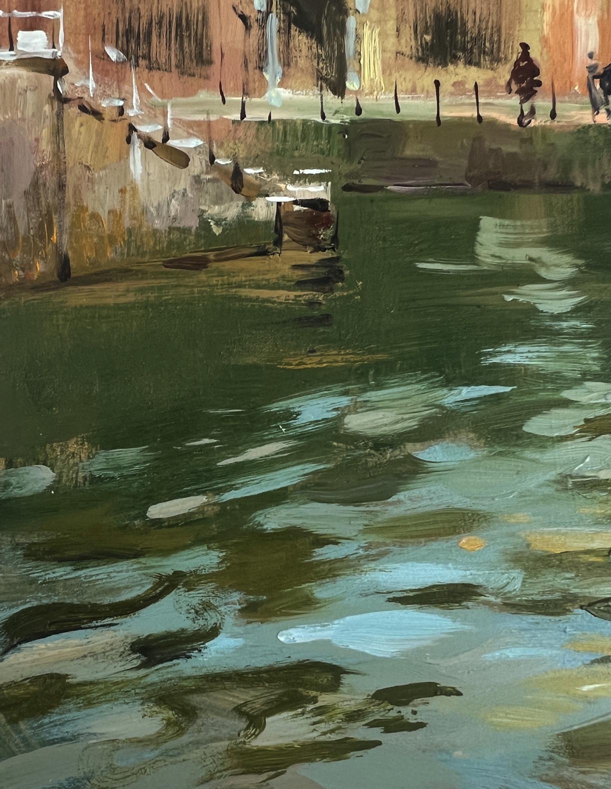 Textured impressionistic oil painting of city street waterway by Yuriy Suprunchuk