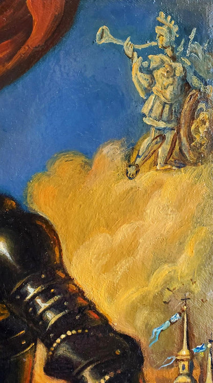 Oil painting portrait of Peter at sea by Daniil Litvinov, classical warrior with horn on clouds