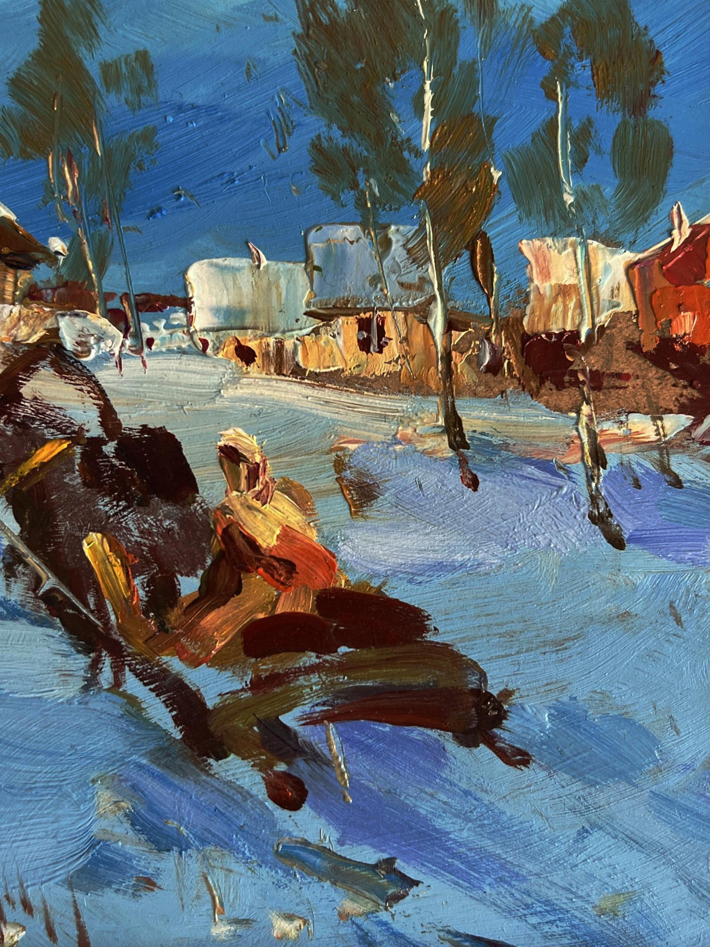 Vibrant impressionist oil painting of snowy winter village by Yuriy Suprunchuk
