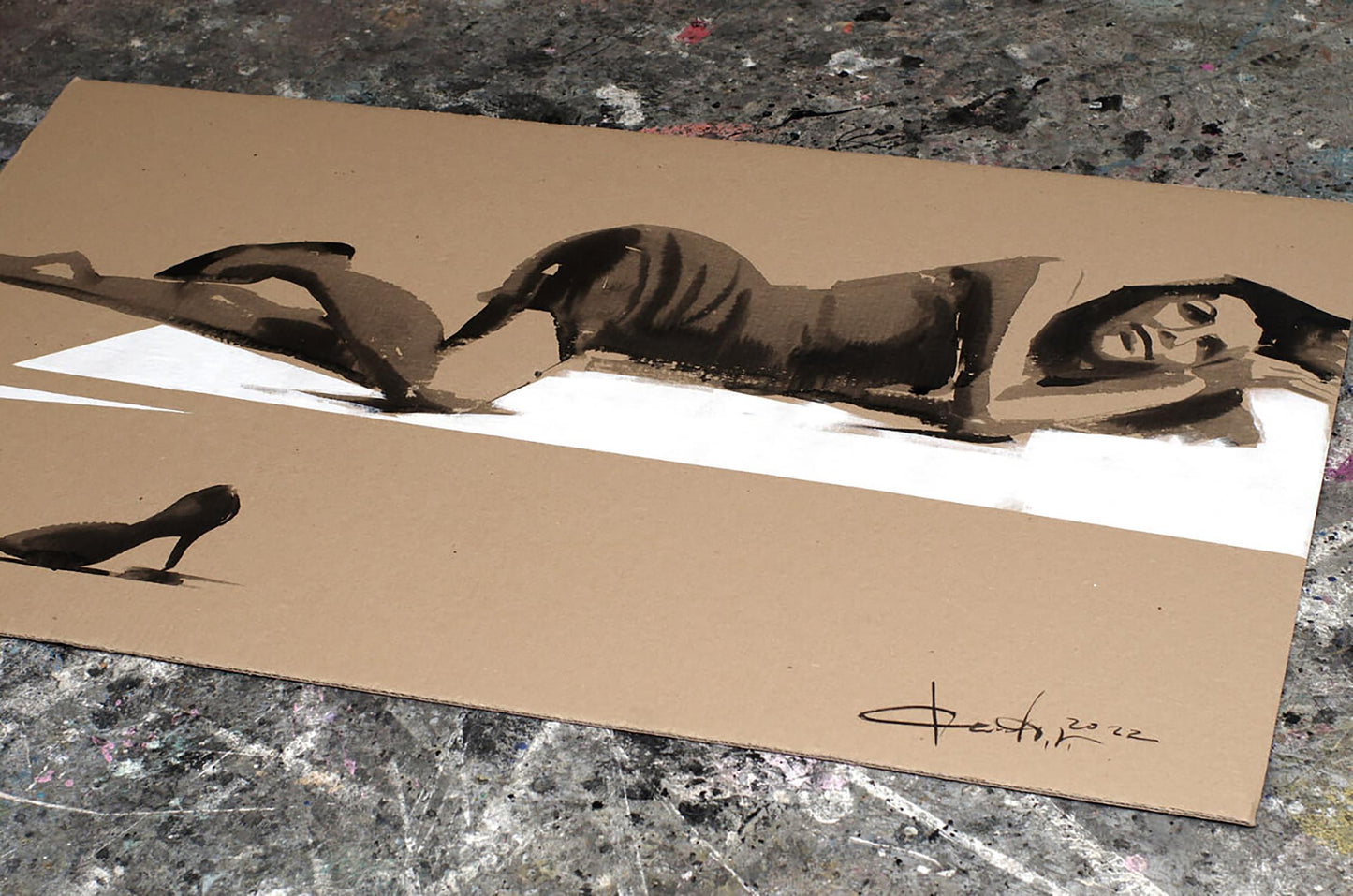 Sepia-toned acrylic painting Heeled Shoes by Dima Filatov on canvas