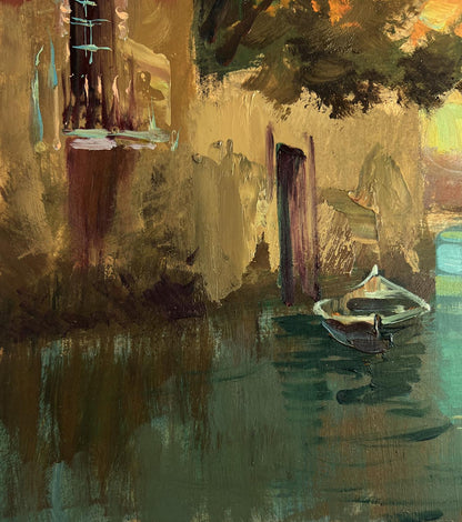 Oil painting of small white rowboat on calm water by Yuriy Suprunchuk