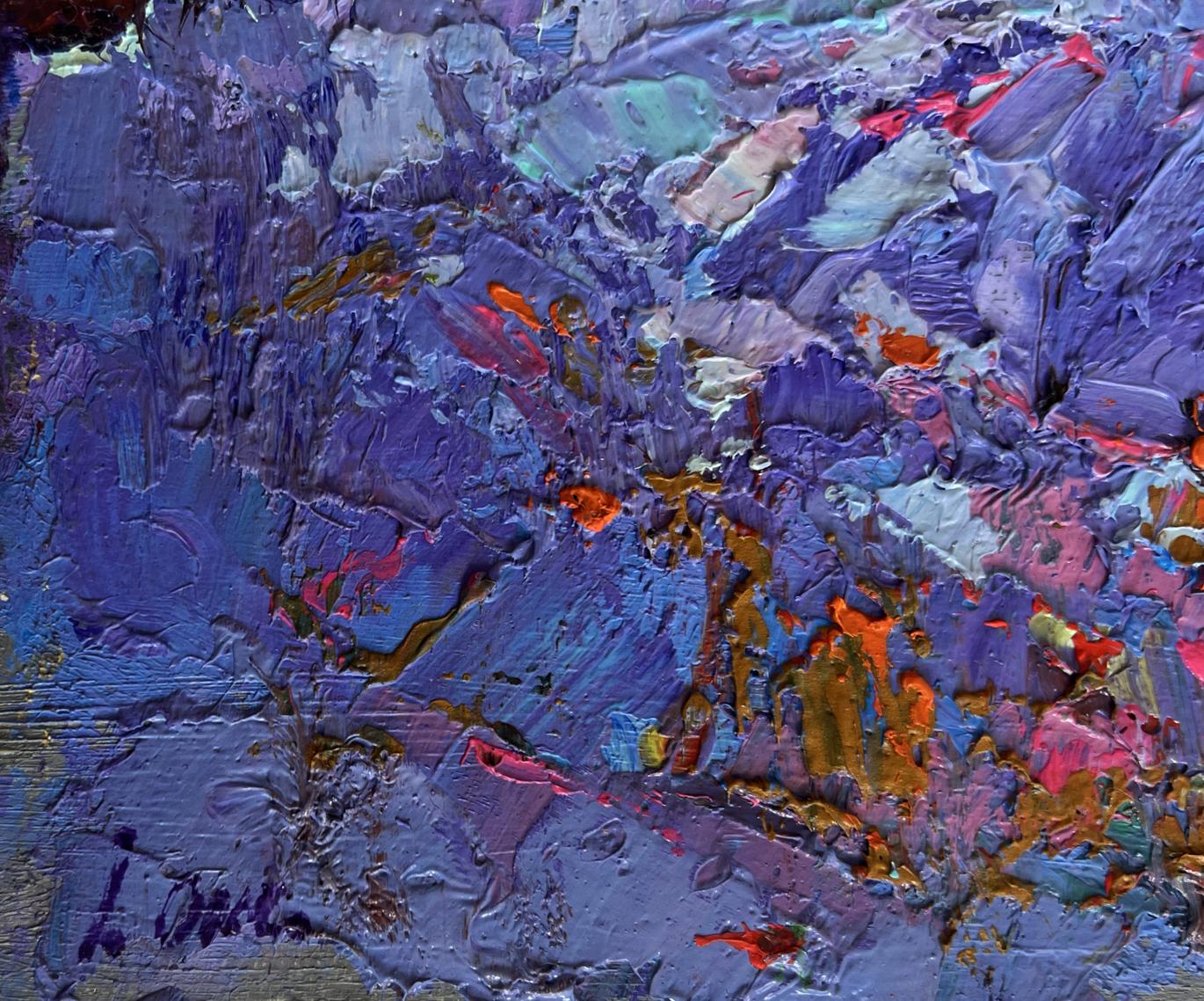 Oil painting Moonlit night in the field by Oksana Ivanyuk with purple orange impasto