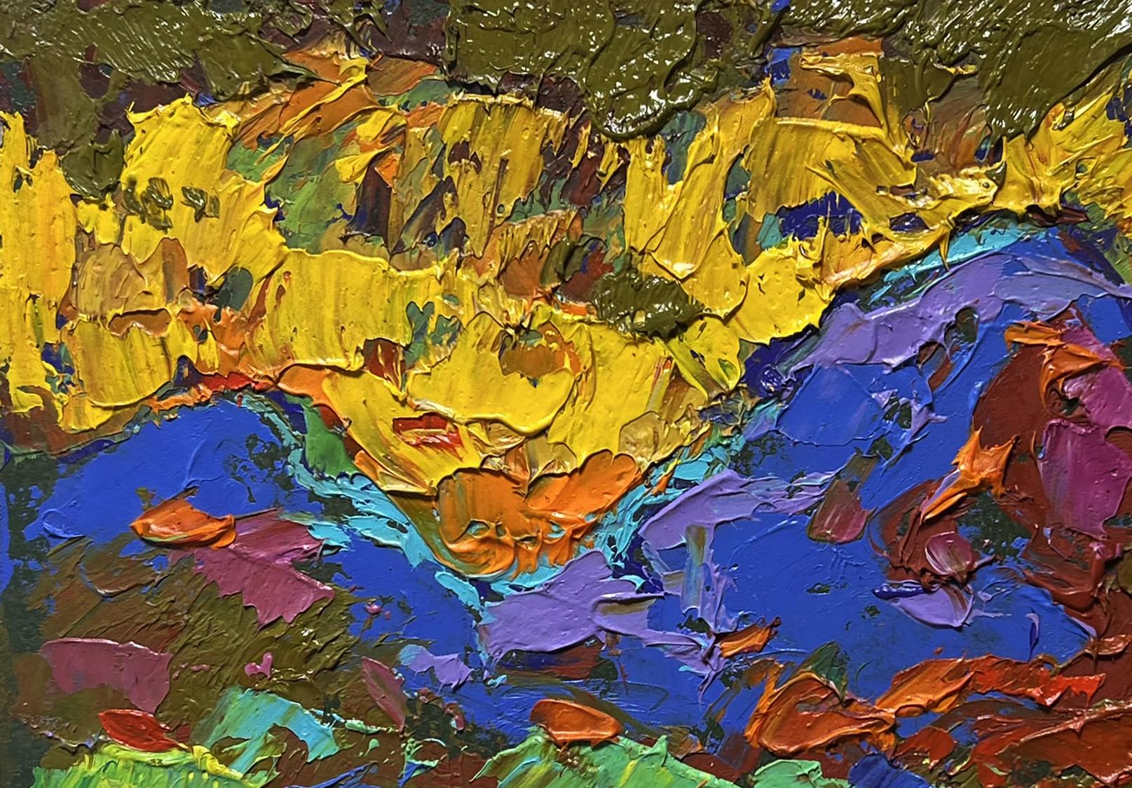 Vibrant Oleksiy Ivanyuk oil painting of geese on hill with textured colors
