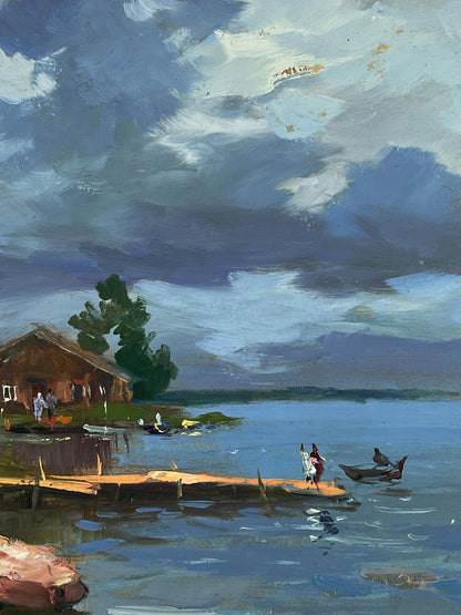 Oil painting of rustic dock and houses by riverbank by Yuriy Suprunchuk