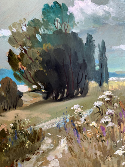 Textured oil painting of flower field path by Yuriy Suprunchuk