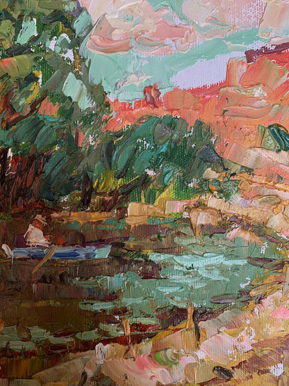 Vibrant impressionist oil painting On a blue boat by Oleksiy Ivanyuk
