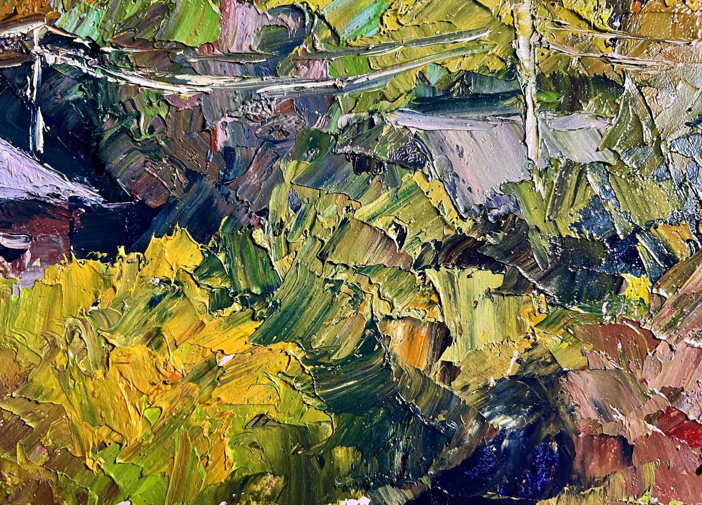 Oil painting Crimson Autumn by Boris Serdyuk in vibrant greens and yellows
