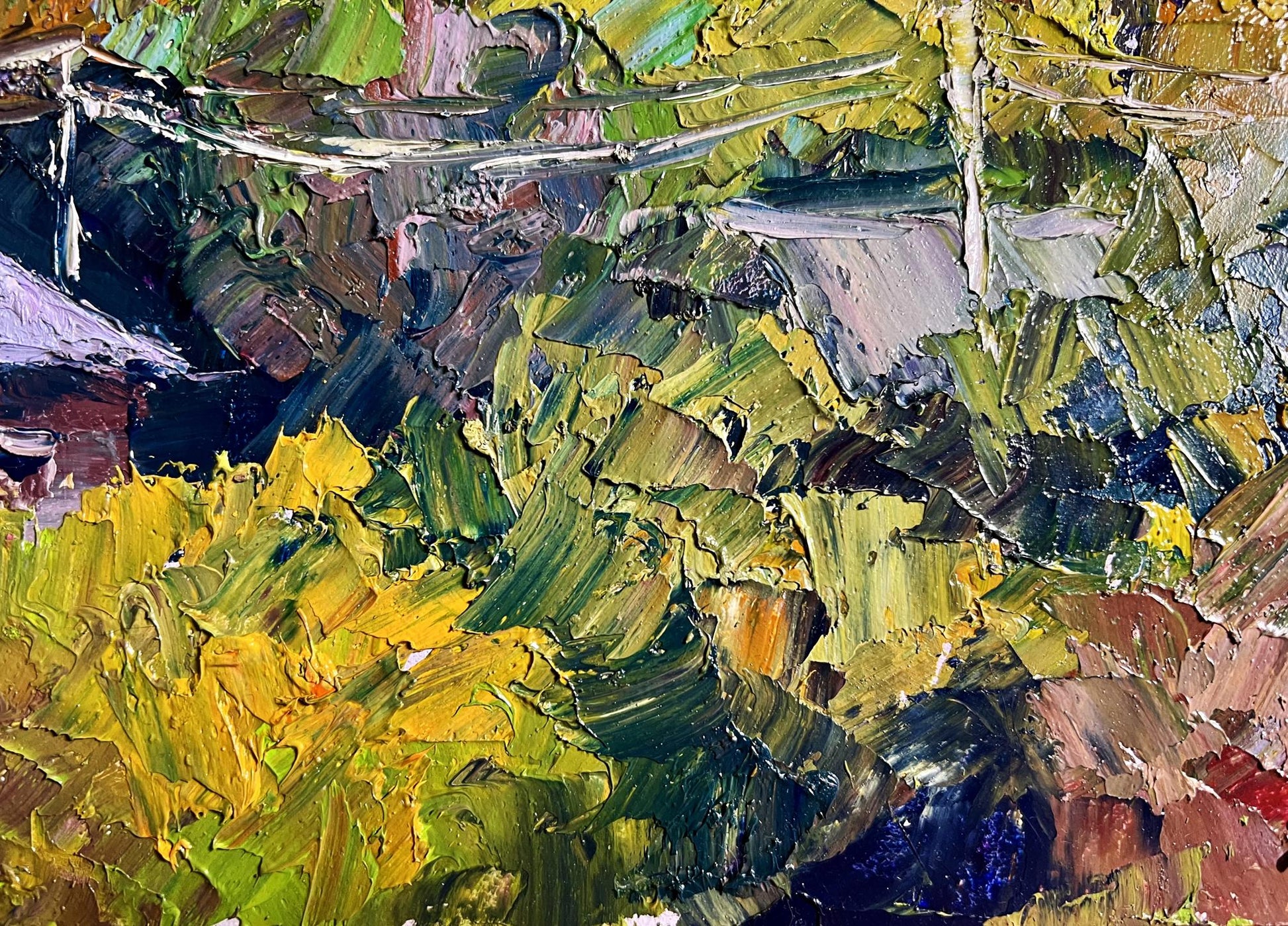Oil painting Crimson Autumn by Boris Serdyuk in vibrant greens and yellows