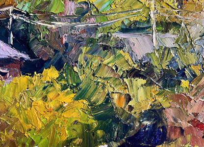 Oil painting Crimson Autumn by Boris Serdyuk in vibrant greens and yellows