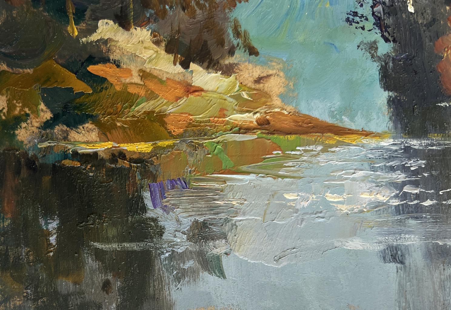 Impressionistic oil painting of autumn forest river by Yuriy Suprunchuk